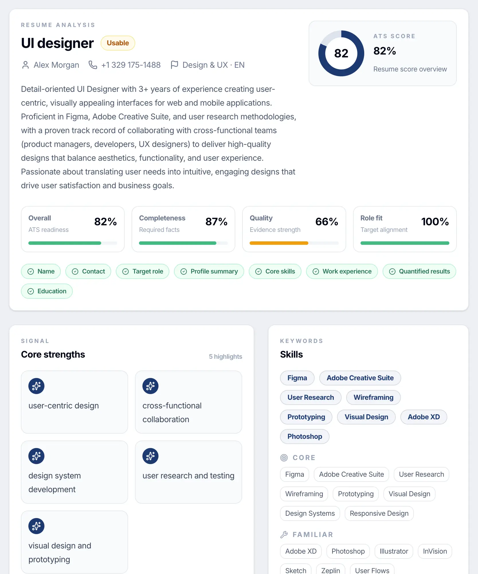 Resume Pilot Arbeitsbereich in dunkler Ansicht